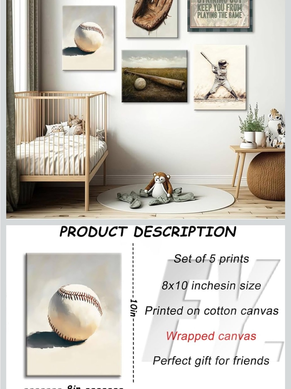 Baseball Nursery Wall Art Set - Neutral Tones